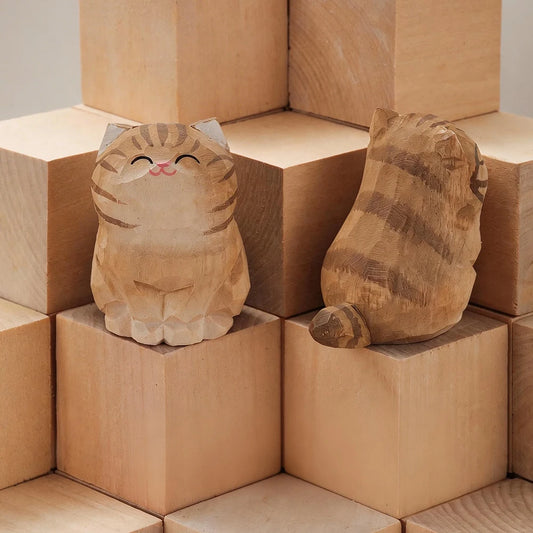 Wood Carving Kitten Statue Decor