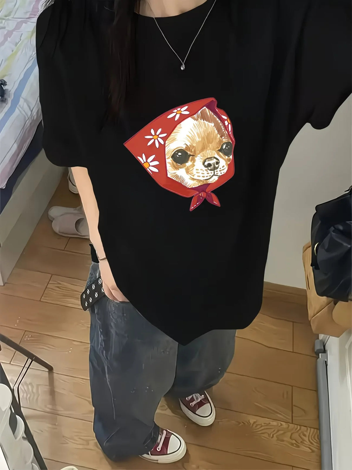 Women's Chihuahua Graphic T-Shirt with Floral Scarf Artwork