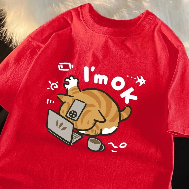 I'm OK Orange Cat Print T-Shirt