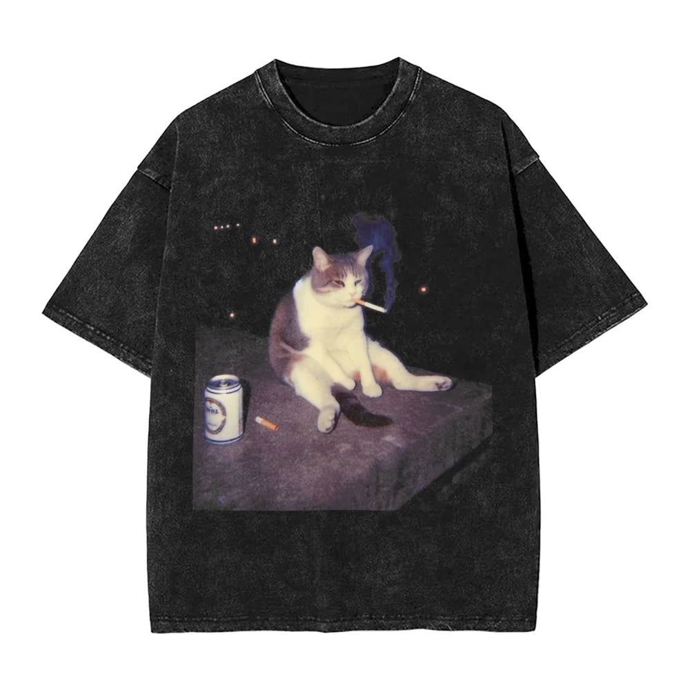 Cat Cigar Meme Washed T-Shirt