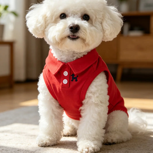 Rotes ärmelloses Hunde-Poloshirt mit Knopfleiste am Kragen