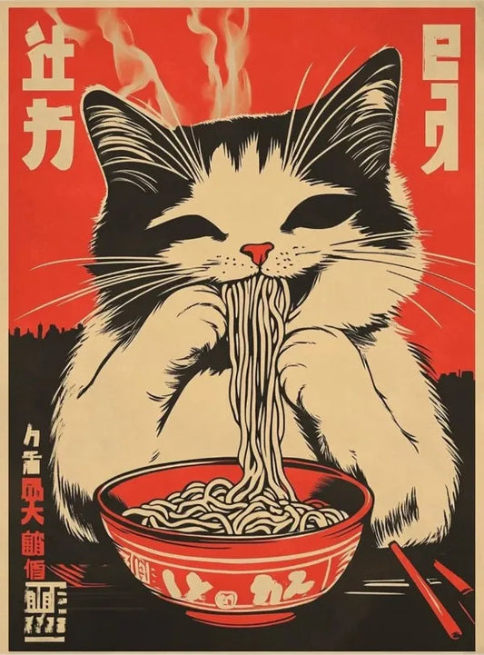 Vintage Cat Eating Ramen Poster Wall Art