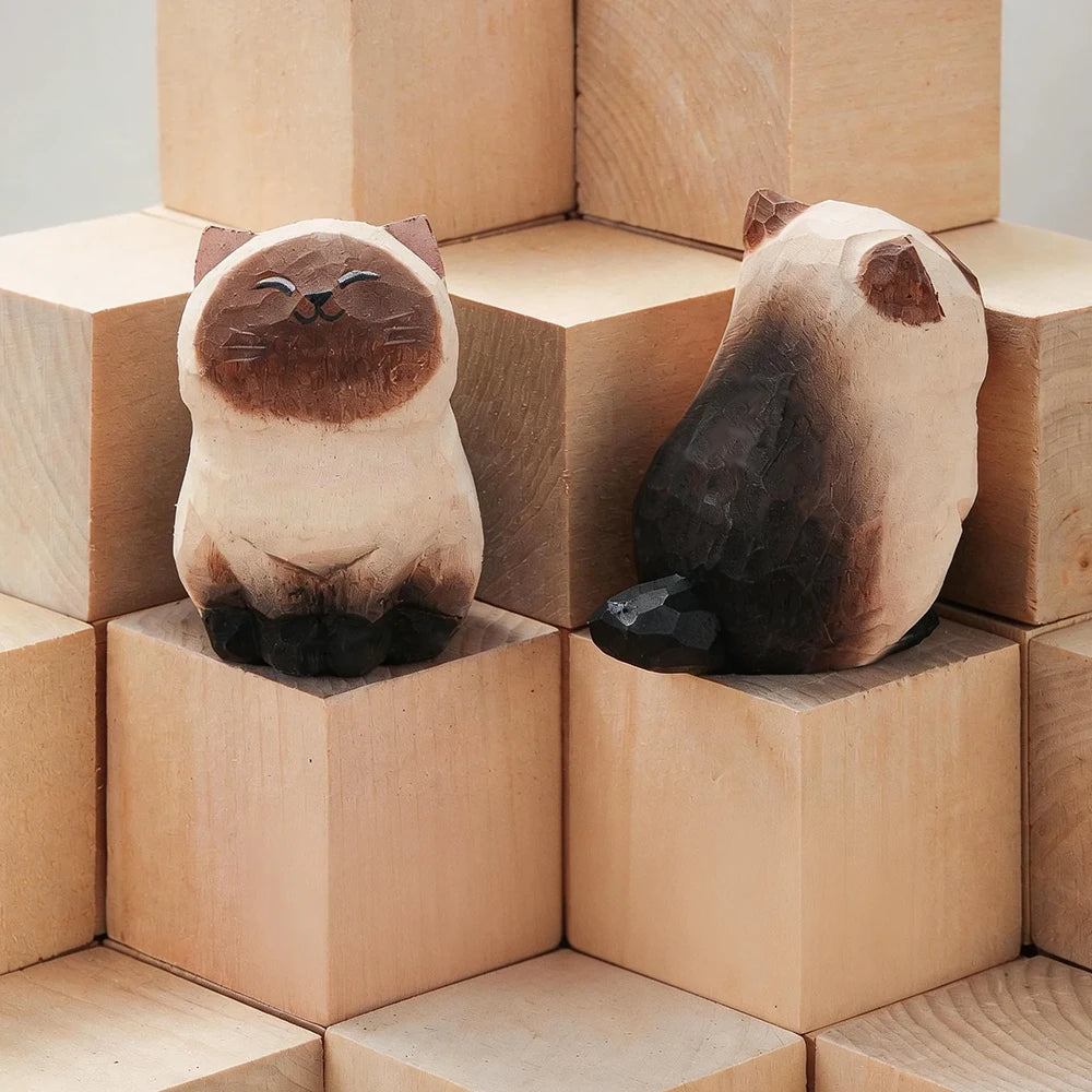 Wood Carving Kitten Statue Decor
