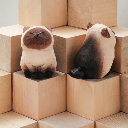 Wood Carving Kitten Statue Decor