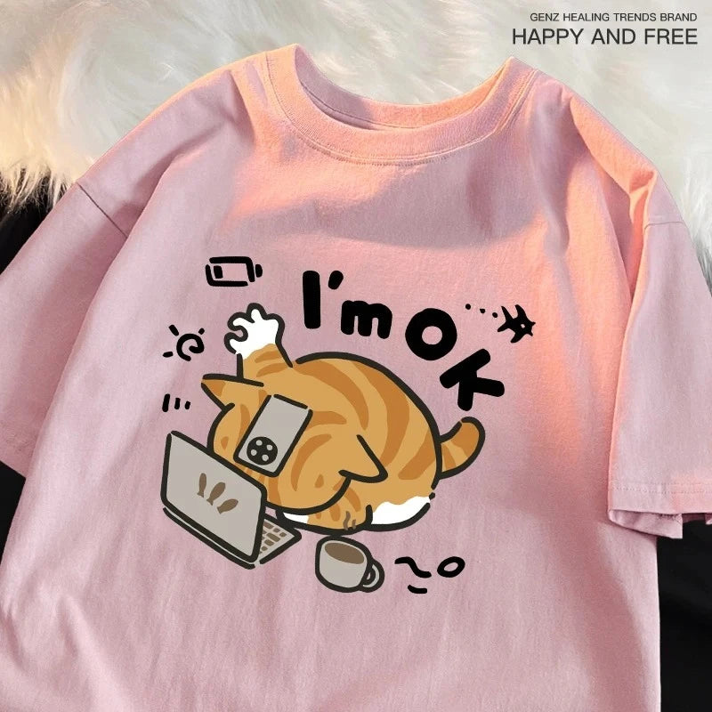 I'm OK Orange Cat Print T-Shirt