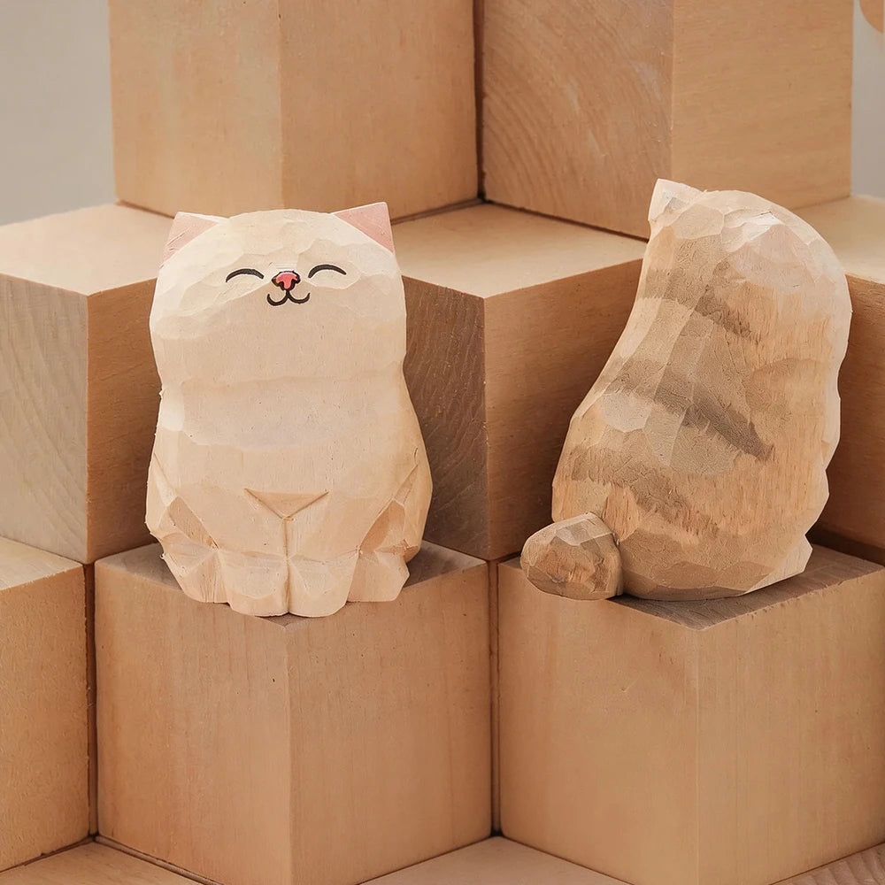 Wood Carving Kitten Statue Decor