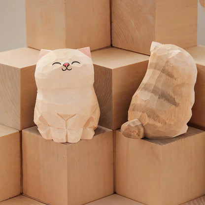 Wood Carving Kitten Statue Decor