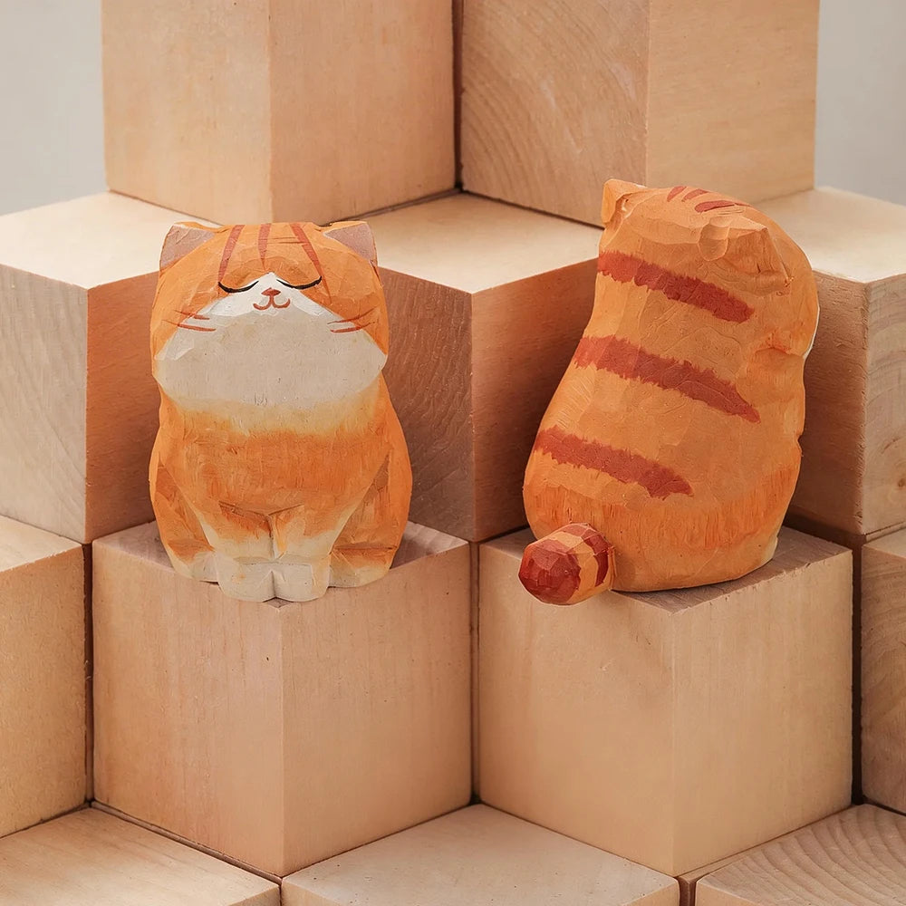 Wood Carving Kitten Statue Decor
