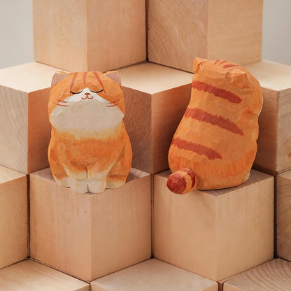 Wood Carving Kitten Statue Decor