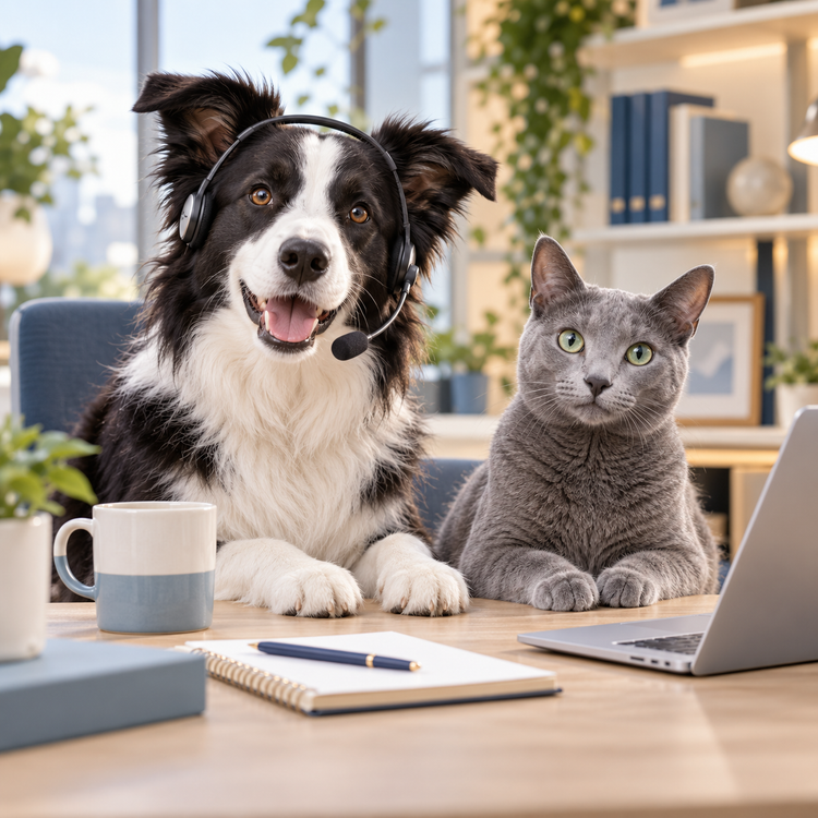 A Border Collie wearing a customer service headset and a Russian Blue cat at an office desk